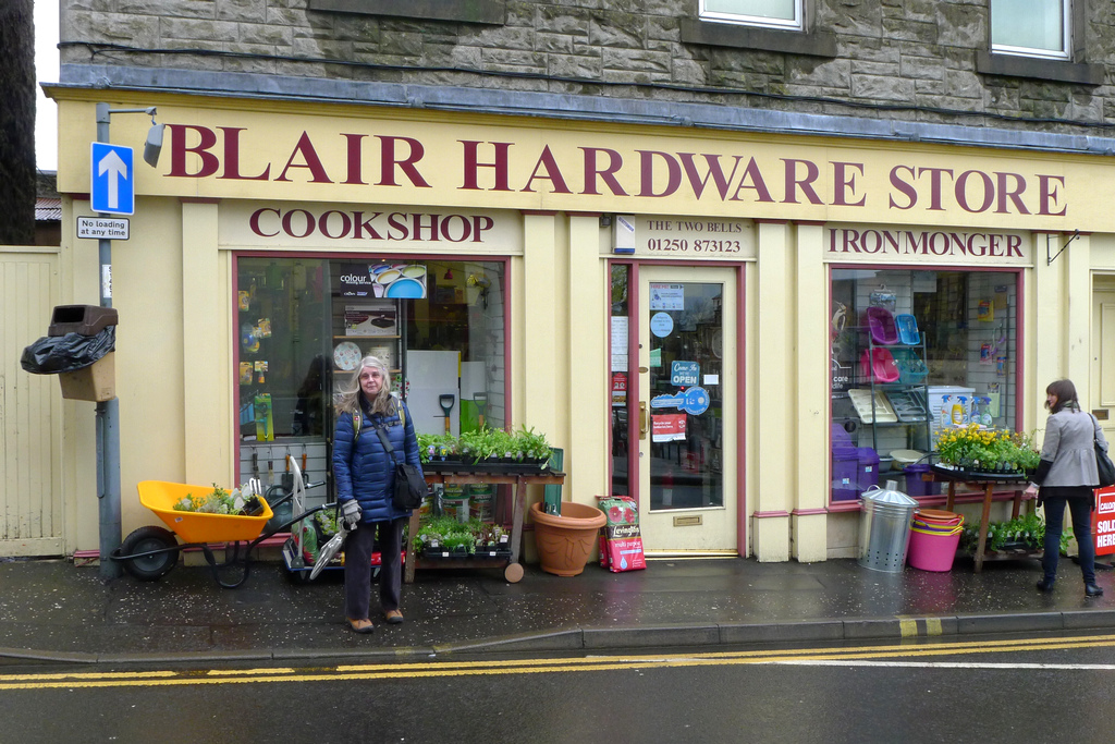 Blairgowrie_R0258a.JPG - A Blair standing in front of Blair Hardware in Blairgowrie. A connection? Maybe, maybe not.