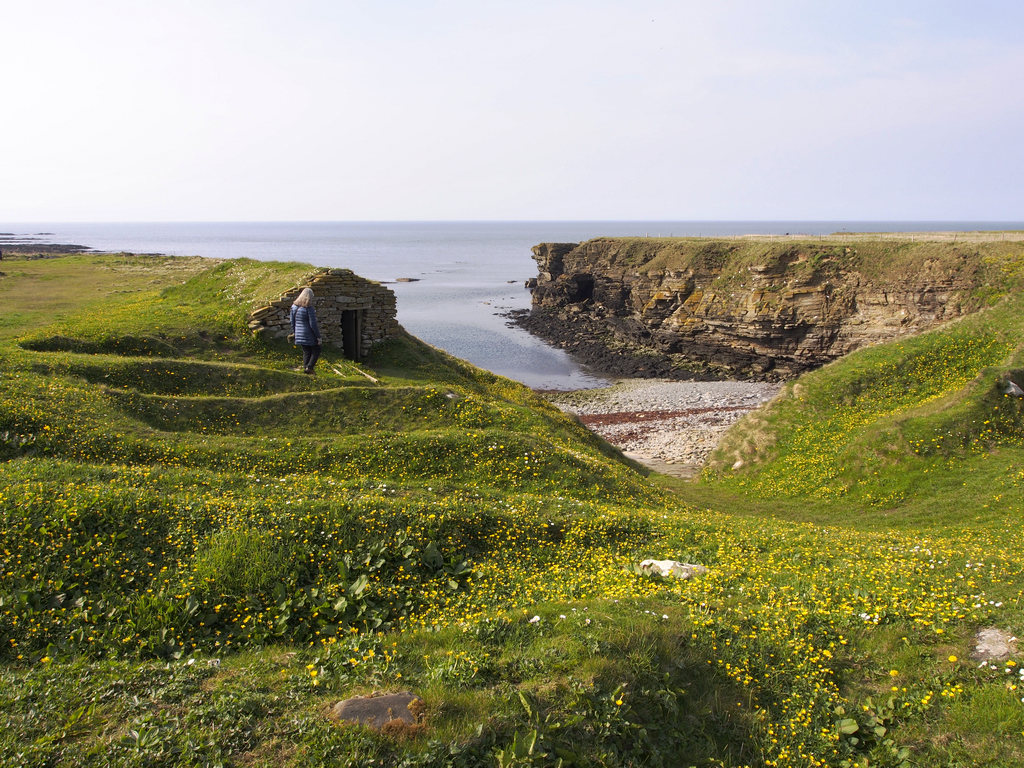 SkibaGeo_1118.JPG - Skiba Geo a short walk from the Brough of Birsey. A geo is a small bay in the rocky coastline where small boats can be launched safely. These are the remains of netsheds or boathouses.